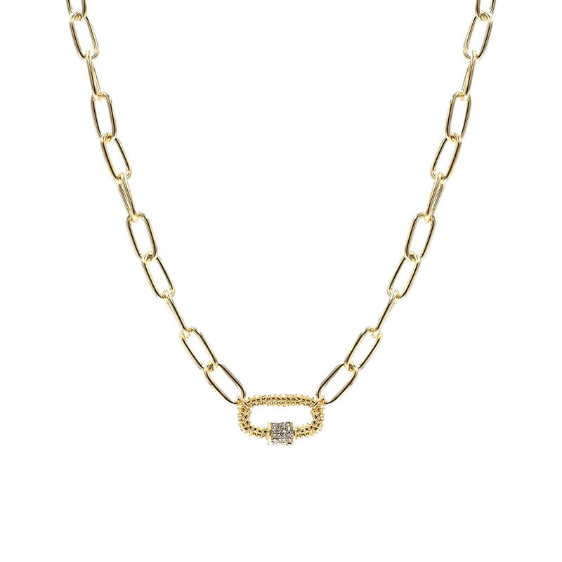 Polished Gold Tone Oblong Link Chain Necklace With Pave Crystals, 19"-22"