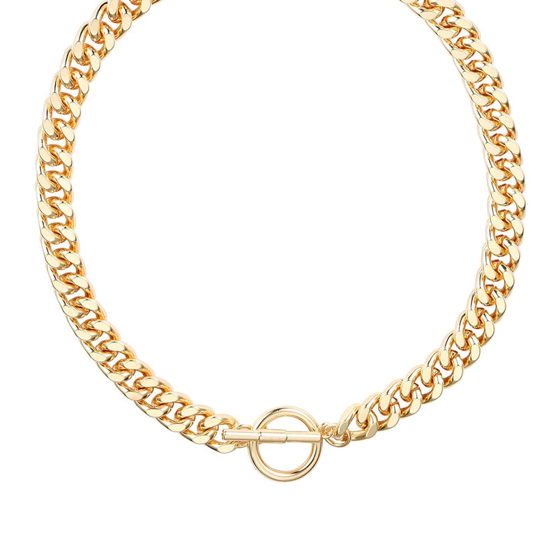 Stunning Polished Gold Tone Chunky Curb Link Chain Toggle Clasp Choker Necklace, 16"