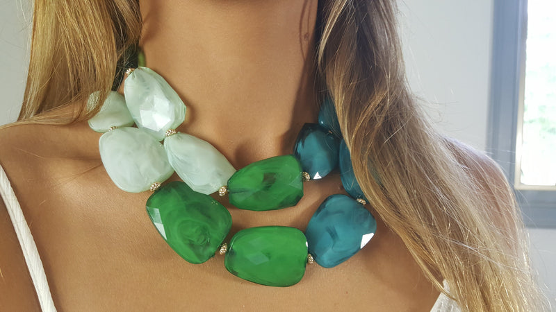 Green Ombre Polished Resin Statement Necklace Earring Jewelry Gift Set