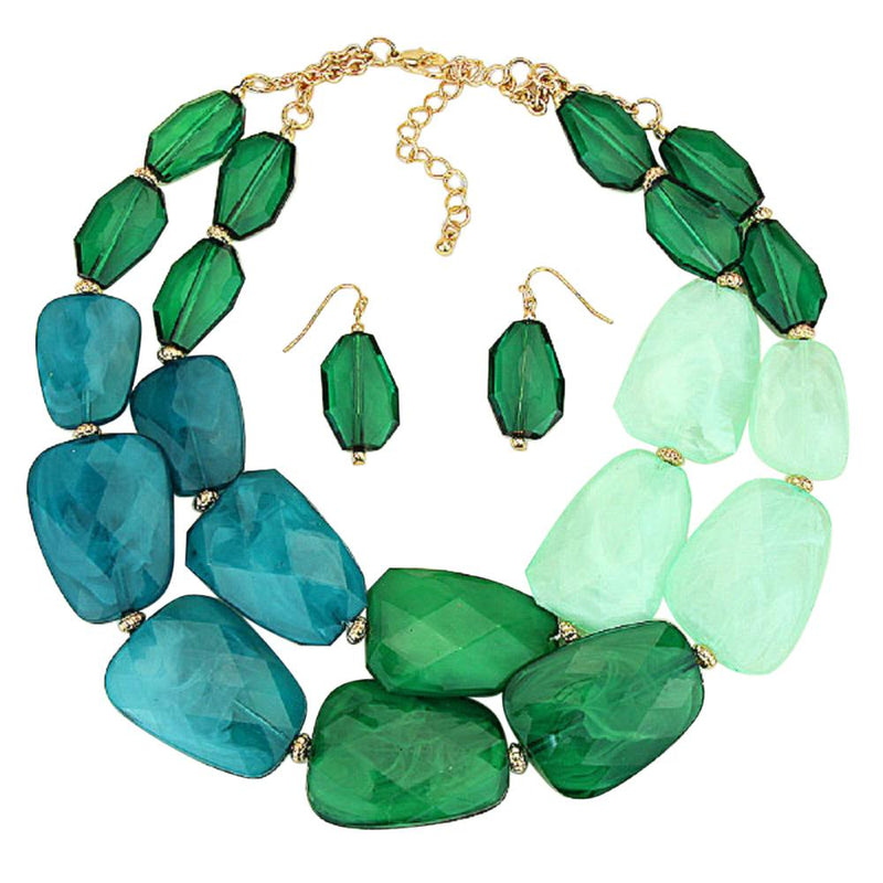 Green Ombre Polished Resin Statement Necklace Earring Jewelry Gift Set