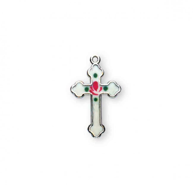 Rosemarie's Religious Gifts Women's Sterling Silver Small White Enameled Budded Cross With Flower Pendant Necklace, 18"