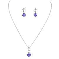 Rosemarie & Jubalee Women's Made In Italy Dainty Sterling Silver Wheat Chain With Adjustable Slide And Cushion Cut Crystal Necklace Pendant Post Earrings Gift Set, 22" (Sapphire Blue)