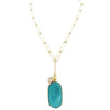 Statement Semi Precious Aqua Blue Stone Pendant On Polished Gold Tone Paperclip Link Necklace, 18"+3" Extender