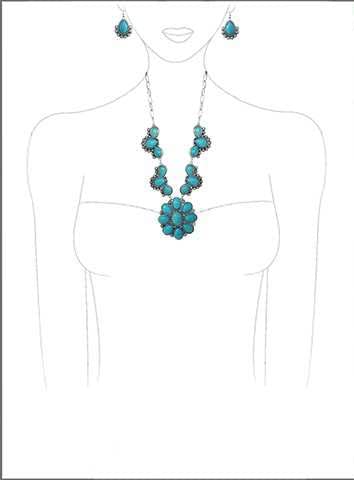 Western Flower Medallion Style Turquoise Howlite Stone Statement Paperclip Links Necklace Earrings Set, 18"+2" Extender