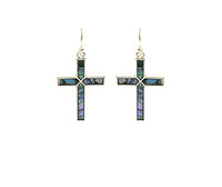 Gold Tone With Stunning Abalone Shell Religious Cross Dangle Earrings, 1.5"