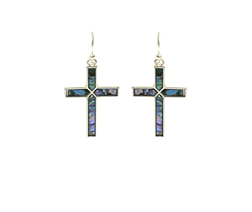 Gold Tone With Stunning Abalone Shell Religious Cross Dangle Earrings, 1.5"