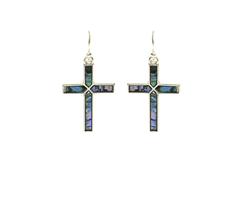 Gold Tone With Stunning Abalone Shell Religious Cross Dangle Earrings, 1.5"