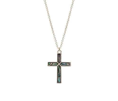 Stunning Abalone Shell Religious Cross Pendant Necklace, 18"+3" Extender (Gold Tone)
