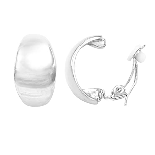 Chic And Timeless Polished Silver Tone Metal Wide Hoop Clip On Earring, 1"