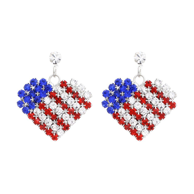 USA Flag Red White and Blue Patriotic Heart Hypoallergenic Post Earrings, 1.25" (Crystal Heart Post Back)