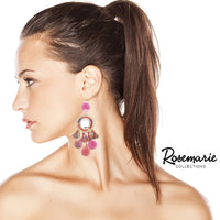Long Pink and Lavender Pom Pom and Tassel Statement Drop Earrings, 4"
