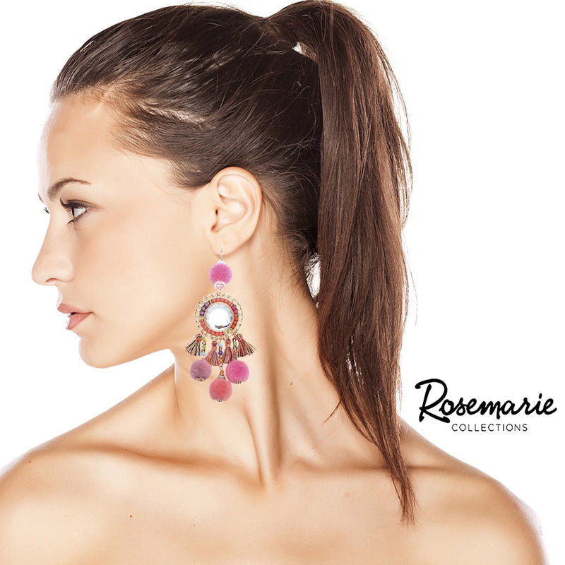 Long Pink and Lavender Pom Pom and Tassel Statement Drop Earrings, 4"