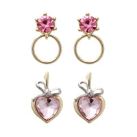Princess Hypoallergenic Gold Tone Pink Crystal Heart Hoop Stud Earrings Set of 2