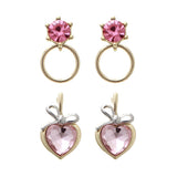 Princess Hypoallergenic Gold Tone Pink Crystal Heart Hoop Stud Earrings Set of 2