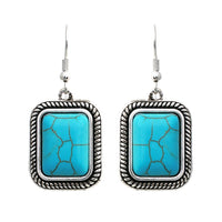 Western Style Square Semi Precious Turquoise Howlite Drop Earrings, 1.62"