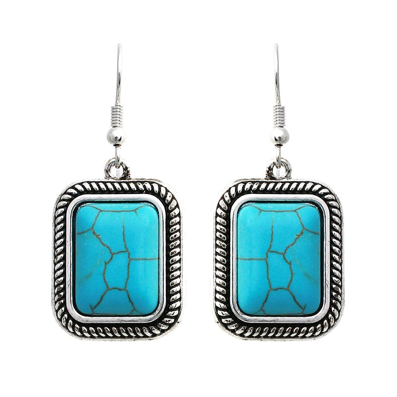 Western Style Square Semi Precious Turquoise Howlite Drop Earrings, 1.62"