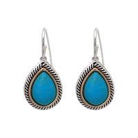 Cowgirl Chic Western Style Textured Two Tone Teardrop Turquoise Howlite Stone Dangle Earrings, 1.62"