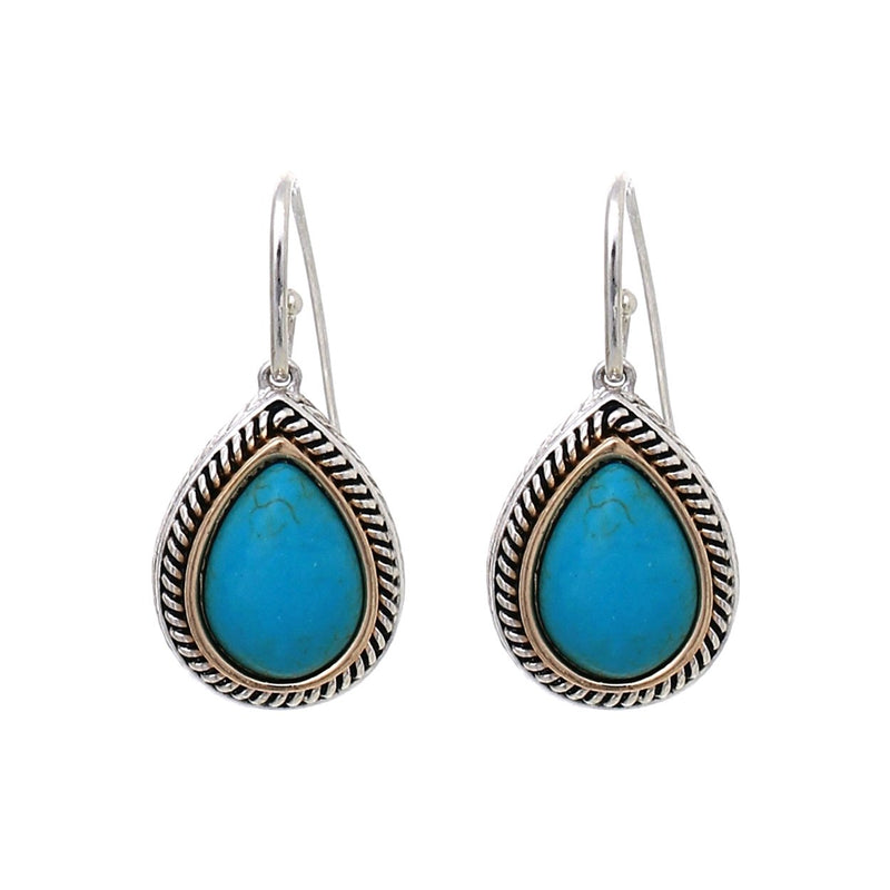 Cowgirl Chic Western Style Textured Two Tone Teardrop Turquoise Howlite Stone Dangle Earrings, 1.62"