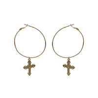 Stunning Textured Budded Cross On Lever Back Hoop Earrings, 3"