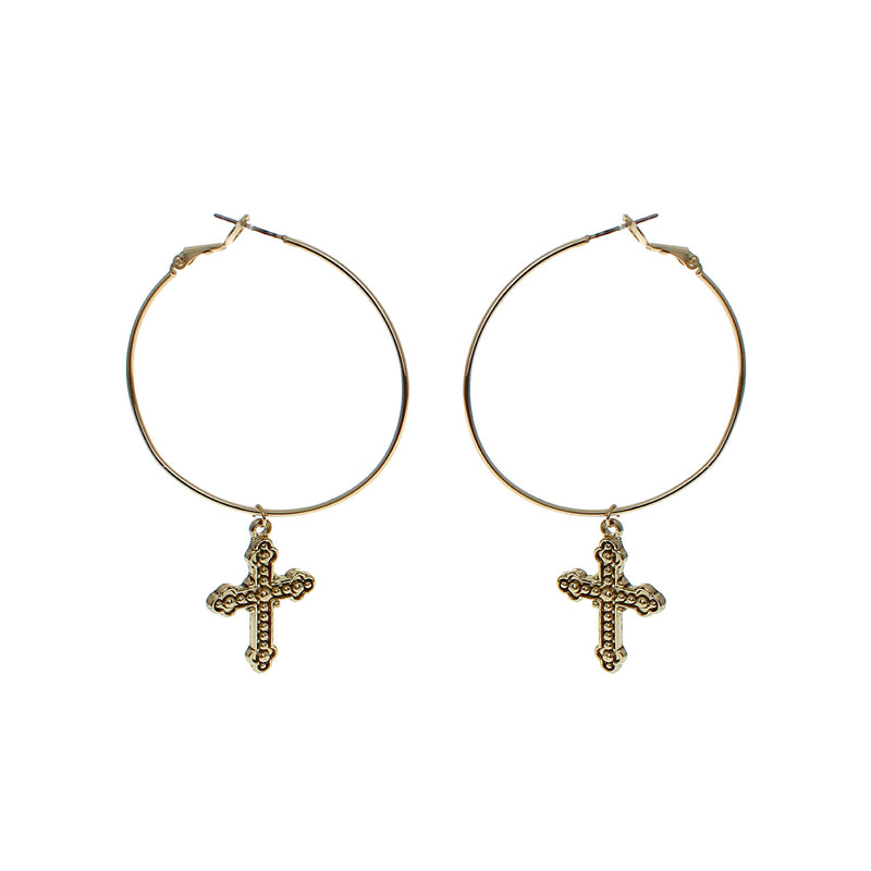 Stunning Textured Budded Cross On Lever Back Hoop Earrings, 3"