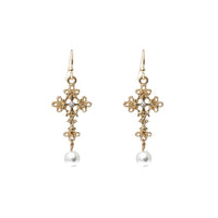 Stunning Metal Cross With Simulated Pearl And Crystal Dangle Earrings, 1.75" (Heart Center Cross)