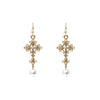 Stunning Metal Cross With Simulated Pearl And Crystal Dangle Earrings, 1.75" (Heart Center Cross)