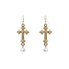 Stunning Metal Cross With Simulated Pearl And Crystal Dangle Earrings, 1.75" (Budded Cross)