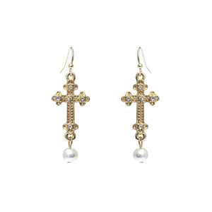 Stunning Metal Cross With Simulated Pearl And Crystal Dangle Earrings, 1.75" (Budded Cross)