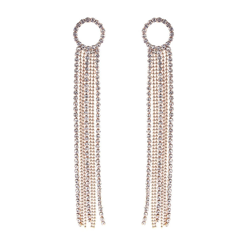 Crystal Rhinestone Circle and Extra Long Fringe Drop Earrings (Gold)