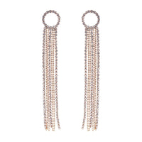 Crystal Rhinestone Circle and Extra Long Fringe Drop Earrings (Gold)