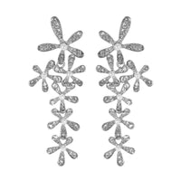 Whimsical Polished Silver Tone Crystal Flower Dangle Hypoallergenic Post Earrings, 2.75"