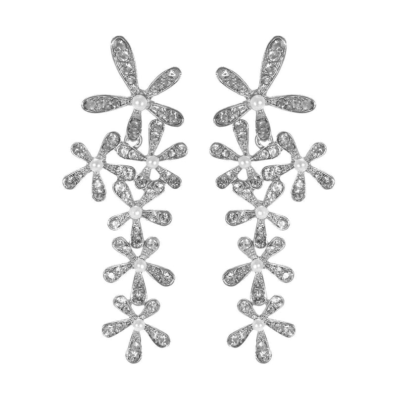 Whimsical Polished Silver Tone Crystal Flower Dangle Hypoallergenic Post Earrings, 2.75"