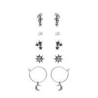 5 pairs Dainty Silver Tone Hypoallergenic Trendy Small Stud Earring Set with Moon Hoop Stars