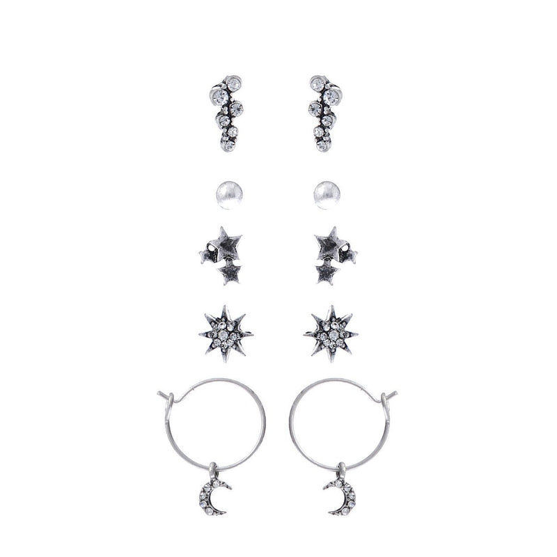 5 pairs Dainty Silver Tone Hypoallergenic Trendy Small Stud Earring Set with Moon Hoop Stars