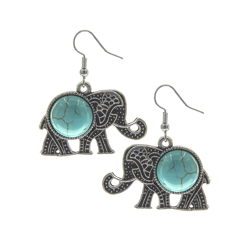 Lucky Elephant Circular Natural Howlite Statement Earrings Set, 1.63" (Earring Only Turquoise Silver Tone)