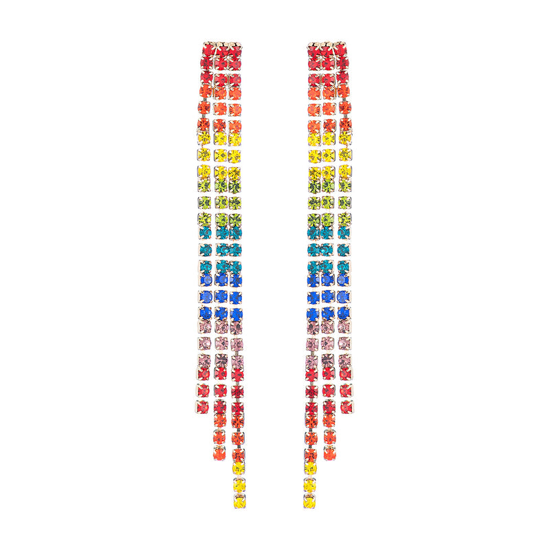 Sparkling Rainbow Crystal Rhinestone Strand Shoulder Duster Hypoallergenic Statement Earrings, 3.36" (Triple Strand)