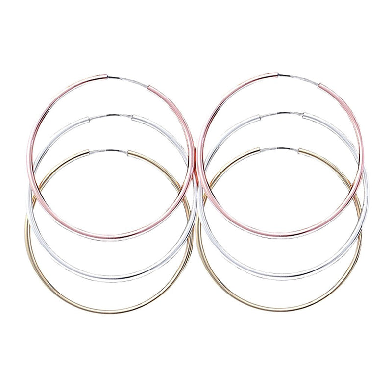 Set Of 3 Gold Copper Silver Tone Chic Endless Open Wire Hoop Hypoallergenic Post Earrings, 40mm