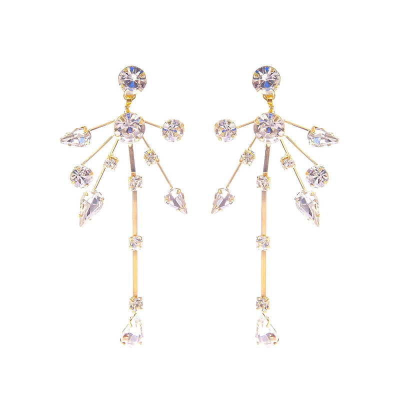 Dramatic Polished Gold Tone Dangling Crystal Sunburst Hypoallergenic Post Earrings, 3"