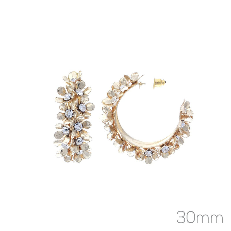 Stunning Polished Gold Tone And Crystal Rhinestone 3D Flower Covered Hypoallergenic Hoop Earrings, 30mm