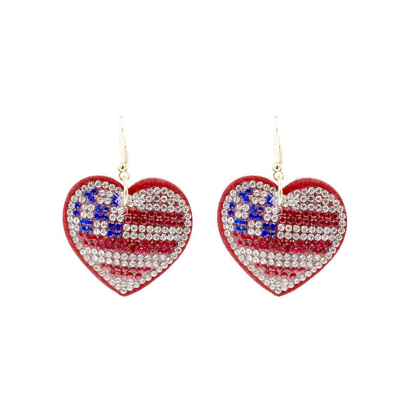 Unique USA Red White and Blue Decorative Crystal Rhinestone on Vegan Suede Patriotic Heart Dangle Earrings, 2"