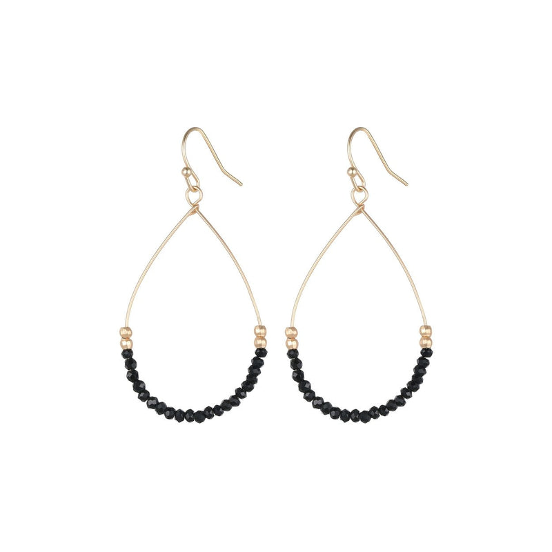 Sleek Black Glass Bead Dainty Gold Tone Wire Teardrop Hoop Earrings, 2"