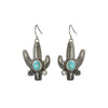 Western Style Semi Precious Turquoise Howlite Stone Textured Metal Cactus Dangle Earrings, 1.75"