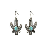 Western Style Semi Precious Turquoise Howlite Stone Textured Metal Cactus Dangle Earrings, 1.75"