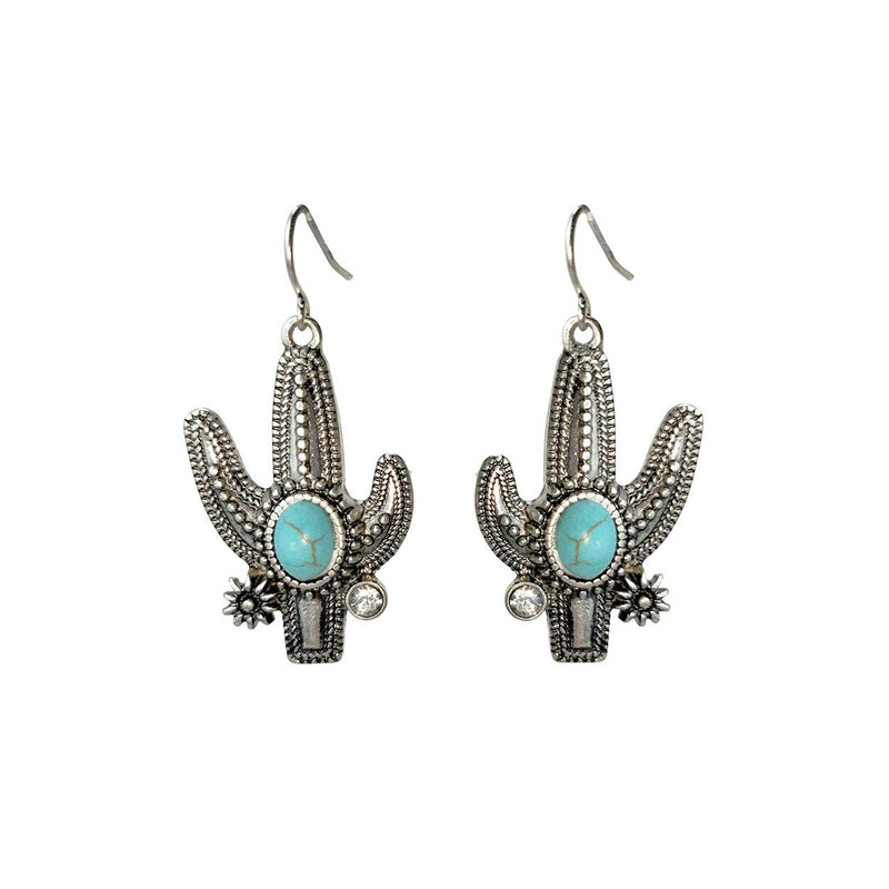 Western Style Semi Precious Turquoise Howlite Stone Textured Metal Cactus Dangle Earrings, 1.75"