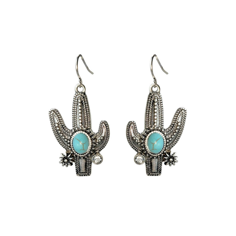 Western Style Semi Precious Turquoise Howlite Stone Textured Metal Cactus Dangle Earrings, 1.75"