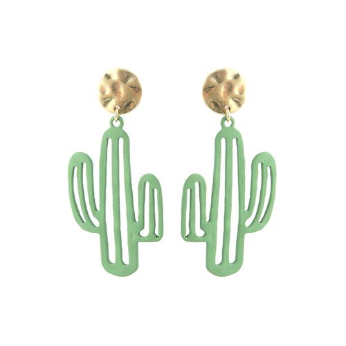 Western Style Green Powder Coated Textured Metal Cactus Hypoallergenic Post Dangle Earrings,2.5"