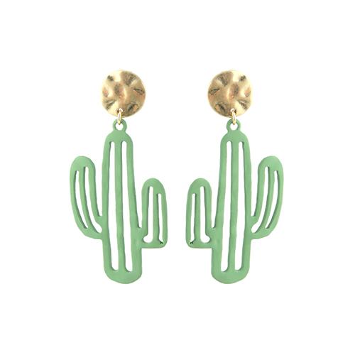Western Style Green Powder Coated Textured Metal Cactus Hypoallergenic Post Dangle Earrings,2.5"