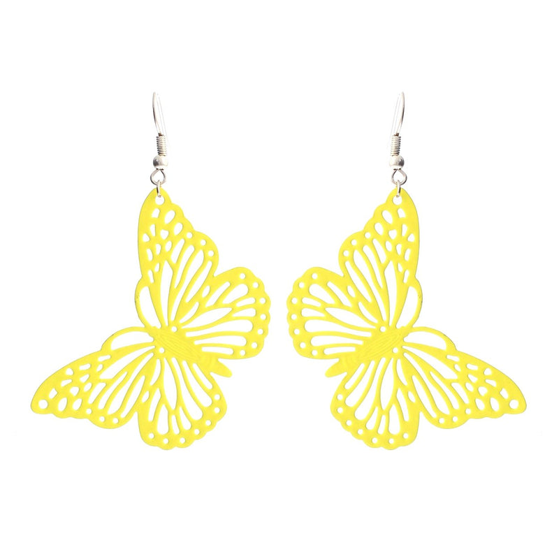 Whimsical Sunshine Yellow Coated Textured Metal Cutout Butterfly Earrings, 2.5"