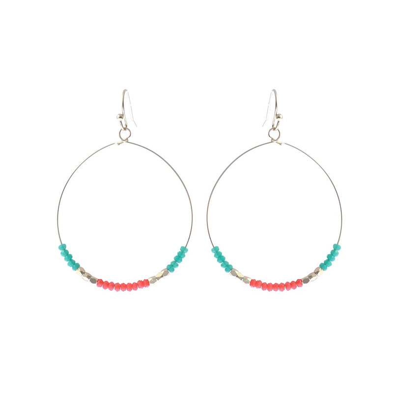 Island Vibes Bright And Colorful Dainty Glass Bead Gold Tone Wire Hoop Earrings, 2"