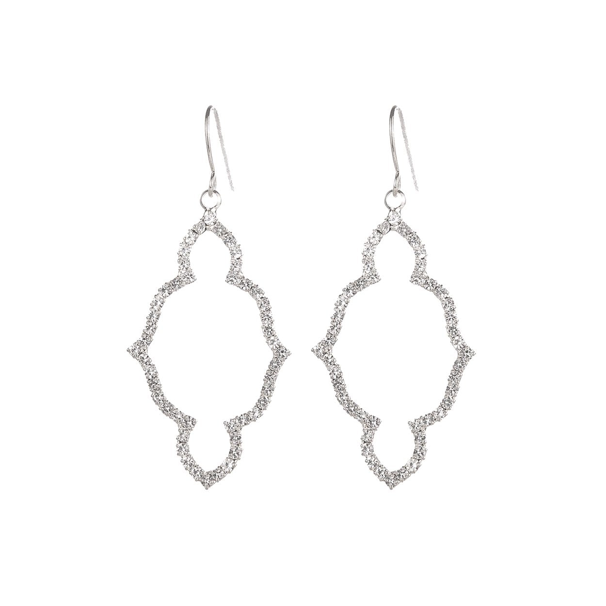 Moroccan Shaped Stunning Pave Crystal Elongated Barbed Quatrefoil Dangle Earrings St. Patrick's Day, 2" (Dainty Silver Tone Clear Crystal)